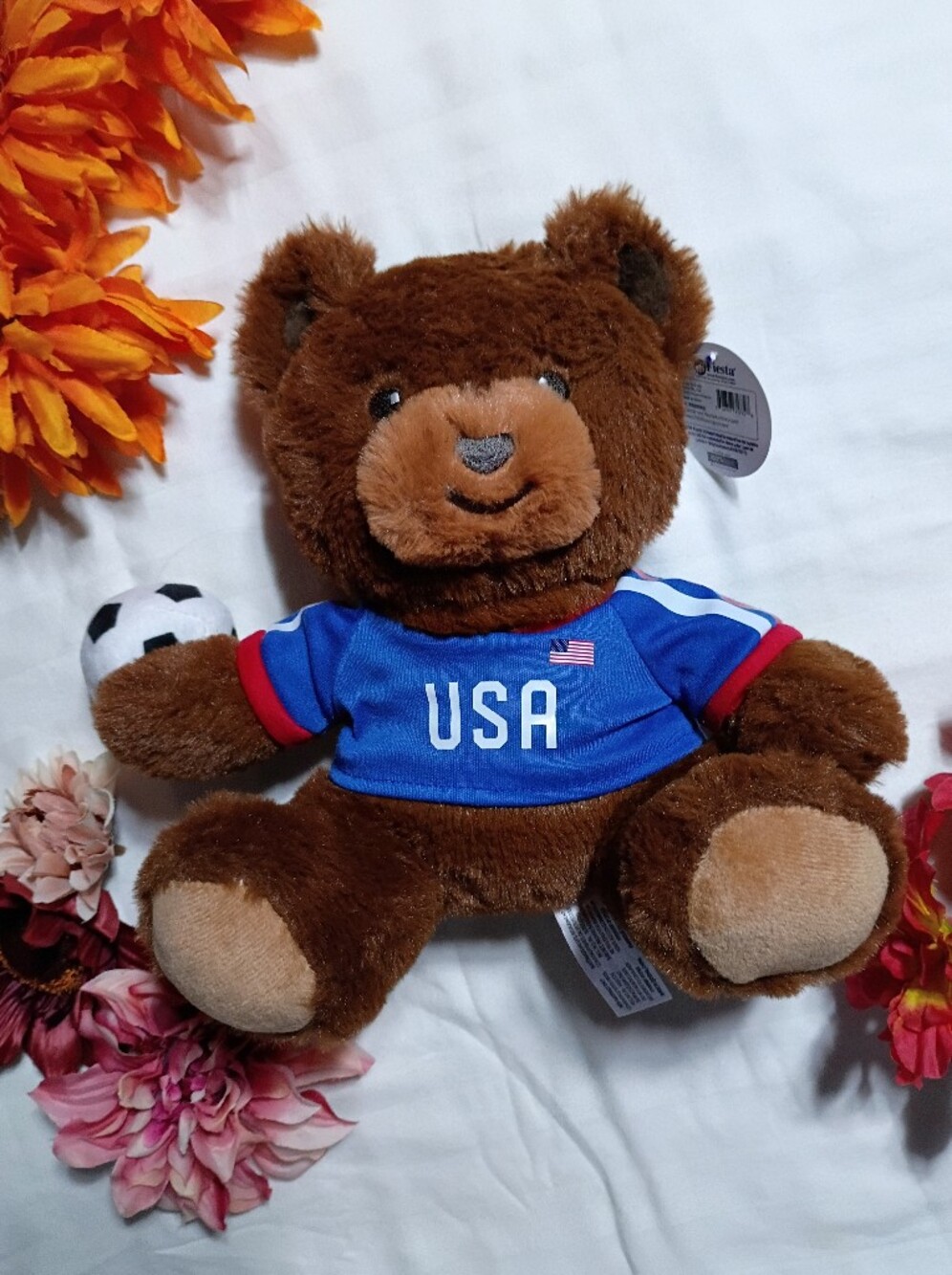 Brown Teddy Bear in Blue USA Jersey Plush with Soccer Ball